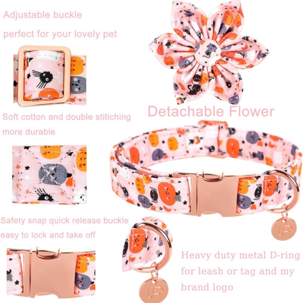 New Halloween Dog Collar with Flower, Pumpkin Cotton Flower Collar  M Girl Dog, - Picture 3 of 10
